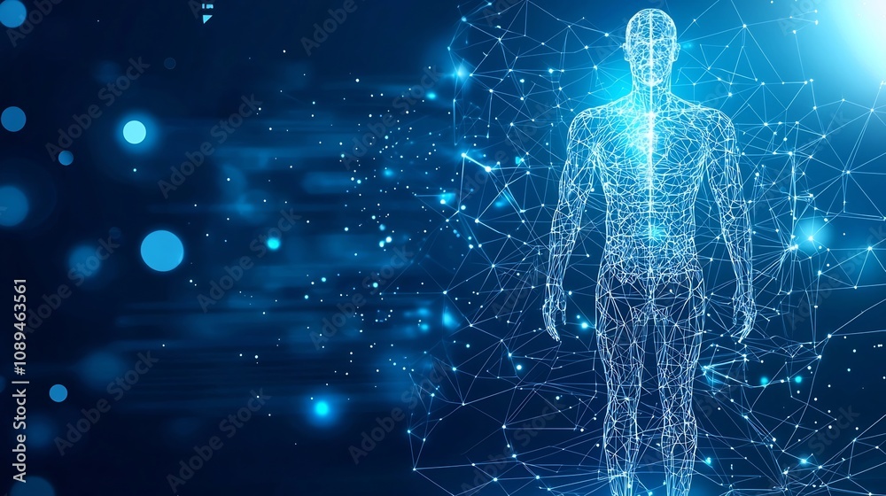 Futuristic low poly digital anatomy figure designed as a polygonal wireframe human body glowing on a gradient blue background with a sleek technological look Futuristic low poly digital anatomy figure designed as a polygonal wireframe human body glowing on a gradient blue background with a sleek technological look