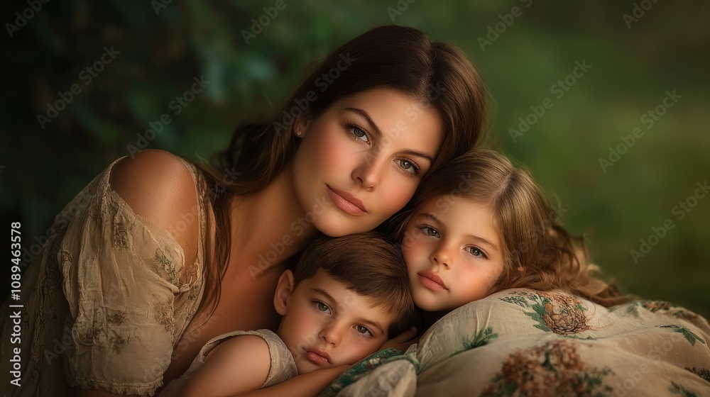 Fototapeta premium Loving Unity: Mother with Light Olive Skin Embracing Two Kids in Warm Park Light with Green Background