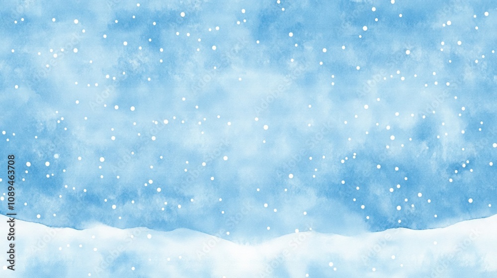 Obraz premium A serene winter scene featuring light blue tones and falling snowflakes against a snowy landscape.
