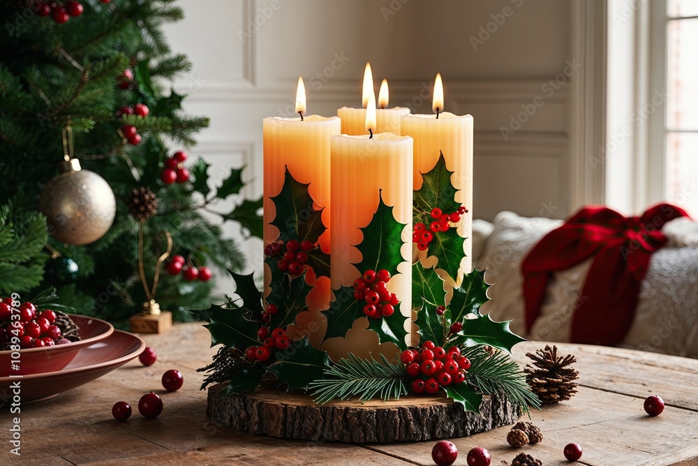 Festive Melting Advent Candle Adorned with Holly Leaves and Berries for a Cozy Christmas Atmosphere Festive Melting Advent Candle Adorned with Holly Leaves and Berries for a Cozy Christmas Atmosphere
