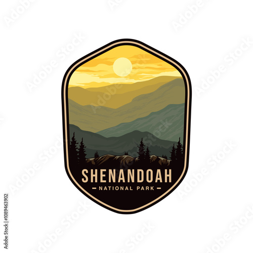 Shenandoah National Park logo patch badge illustration, hiker on beautiful mountain range scenery design