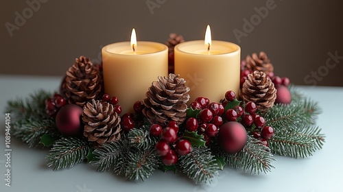 Festive candle arrangement with pinecones and holiday decorations