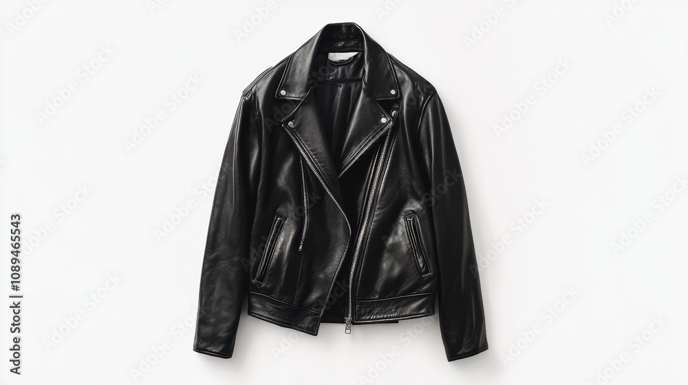 Detailed Front View of a High-Fidelity Black Leather Jacket Showcased on a Clean White Background with Gigapixel Quality and Intricate Stitching. Detailed Front View of a High-Fidelity Black Leather Jacket Showcased on a Clean White Background with Gigapixel Quality and Intricate Stitching.