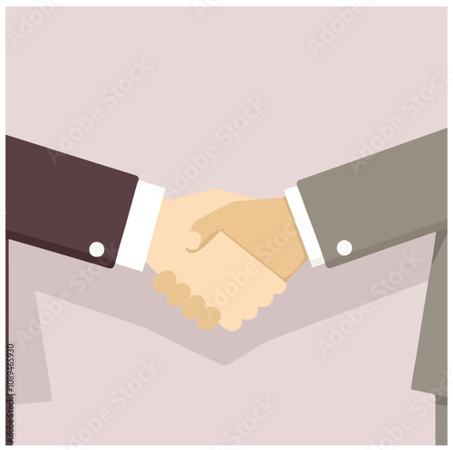 Vector illustration of a handshake between businesspeople in formal suits, representing agreement, partnership, and professionalism