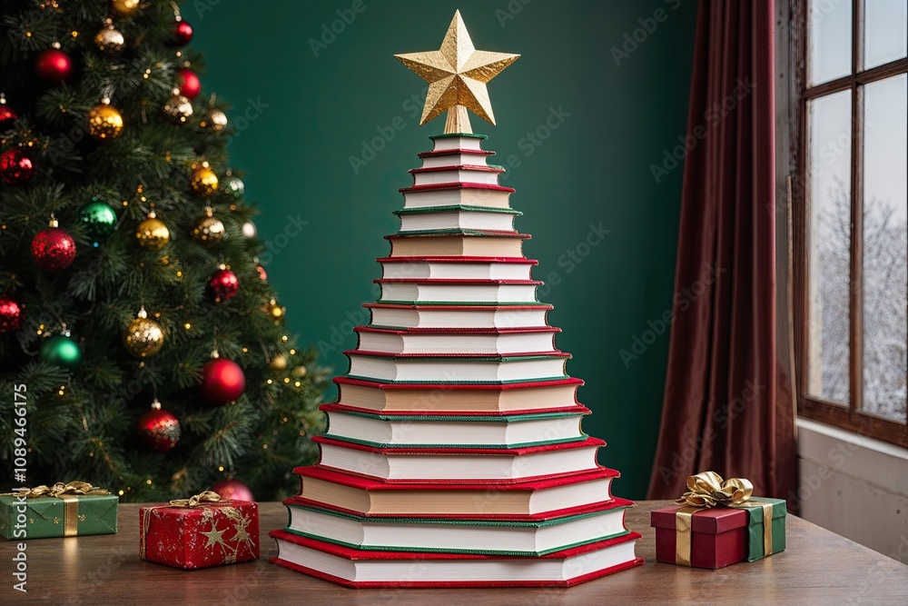 Christmas Tree Book Tower Decorated for the Holidays with Star Topper Celebrating Education and Holiday Reading Magic Christmas Tree Book Tower Decorated for the Holidays with Star Topper Celebrating Education and Holiday Reading Magic