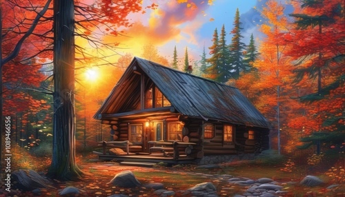 Cozy cabin retreat in vibrant autumn forest with copy space