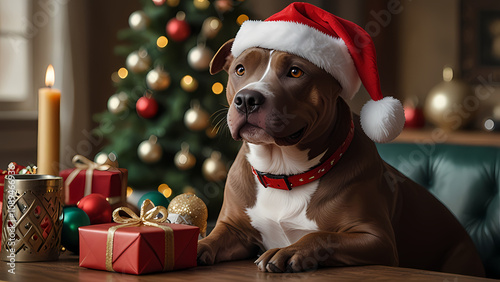 Close up of a Pitbull Dog wearing a Santa Claus hat on a table with Christmas attributes around it