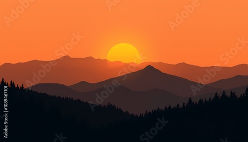 Sunset over Mountain Range Silhouette