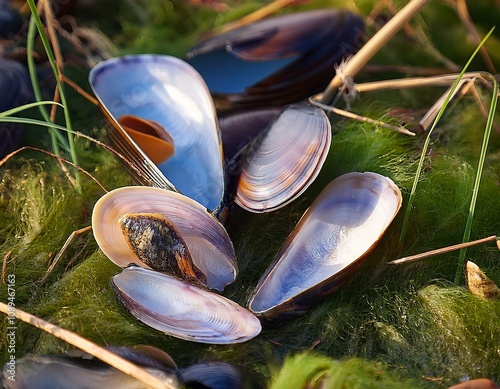 empty mussel shells of pseudanodonta complanata found on grassy river bank depressed river mussel photo