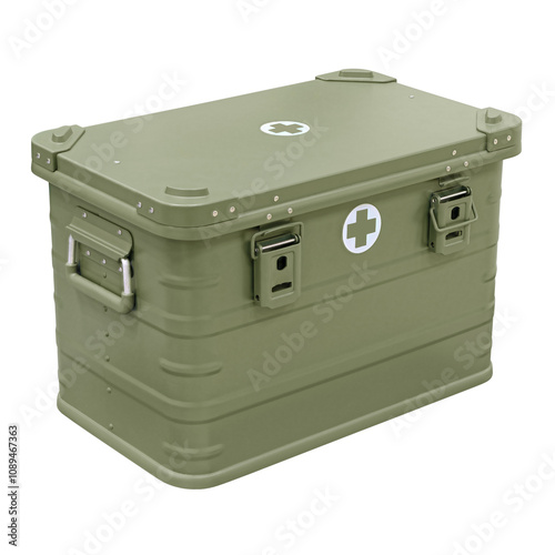 Khaki colored metal box with army medical supplies