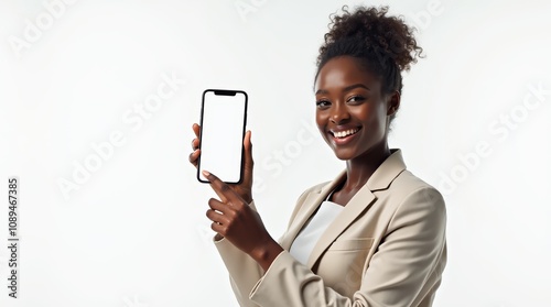 Girl with dark skin holds her phone screen forward.