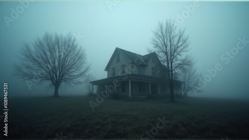 Old, abandoned house in foggy setting, eerie atmosphere, desolate landscape, mystery and suspense evoke strong emotions. Generative, AI,