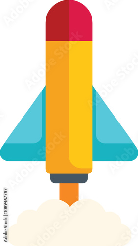 Rocket ship is launching into space, leaving a trail of smoke