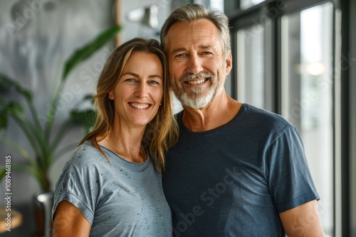 Portrait of a grinning couple in their 40s dressed in a casual t-shirt in sophisticated corporate office background