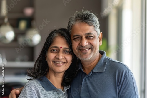 Portrait of a happy indian couple in their 40s donning a classy polo shirt in front of sophisticated corporate office background