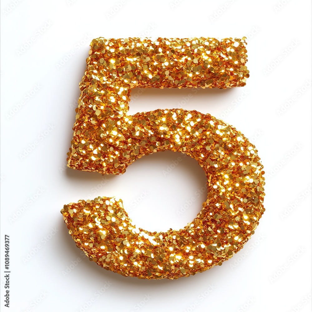 A sparkling golden number 5 made of glitter on a white background, representing celebration or milestones. A sparkling golden number 5 made of glitter on a white background, representing celebration or milestones.