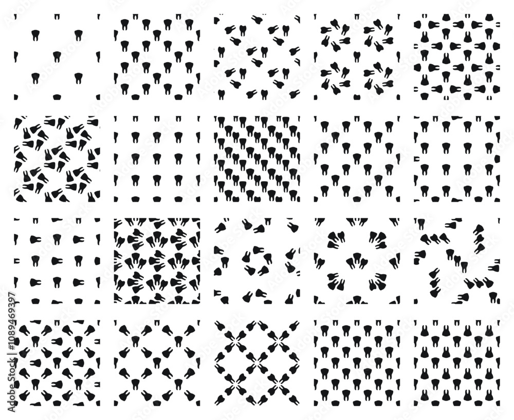 20 dental seamless patterns in a set, silhouettes of black human teeth on a white background 20 dental seamless patterns in a set, silhouettes of black human teeth on a white background