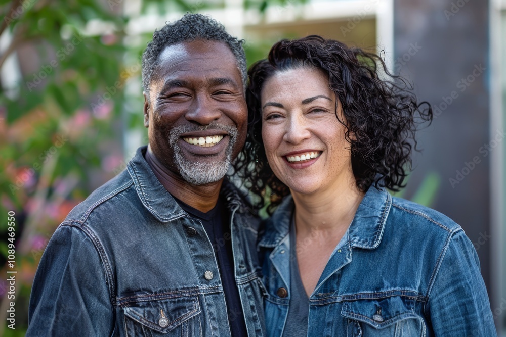 Portrait of a happy mixed race couple in their 40s sporting a rugged denim jacket over sophisticated corporate office background Portrait of a happy mixed race couple in their 40s sporting a rugged denim jacket over sophisticated corporate office background