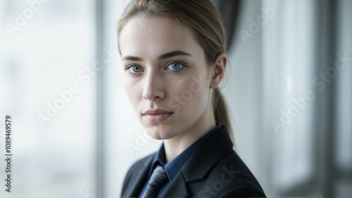 Close-up of a young businesswoman with light hair in a modern office background