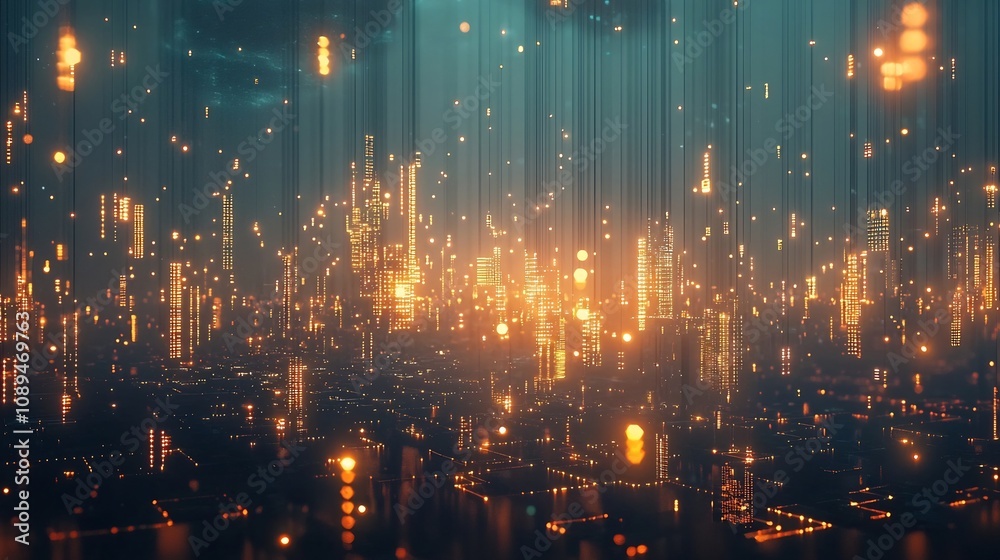 Obraz premium Glowing Digital Nodes Floating Above an Interconnected Futuristic City Blockchain Technology Concept
