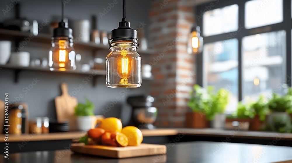 Fototapeta premium Repurposed glass jars transformed into chic pendant lights hanging above an industrial style kitchen with exposed brick walls wooden shelves and fresh produce on the countertop