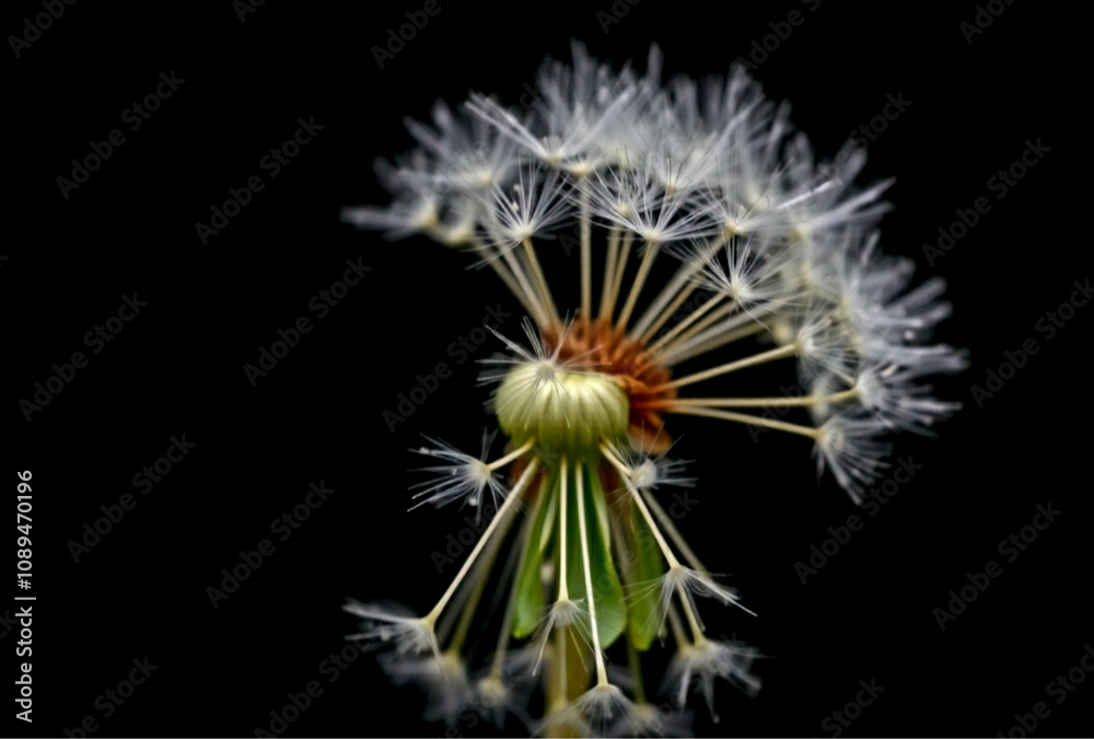 Fototapeta premium Close-up of dandelion with a few spores on black background