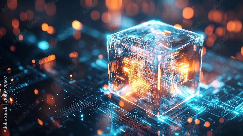 Glowing Blockchain Cube Transforming into Transparent Vault Symbolizing Secure Crypto Storage Glowing Blockchain Cube Transforming into Transparent Vault Symbolizing Secure Crypto Storage