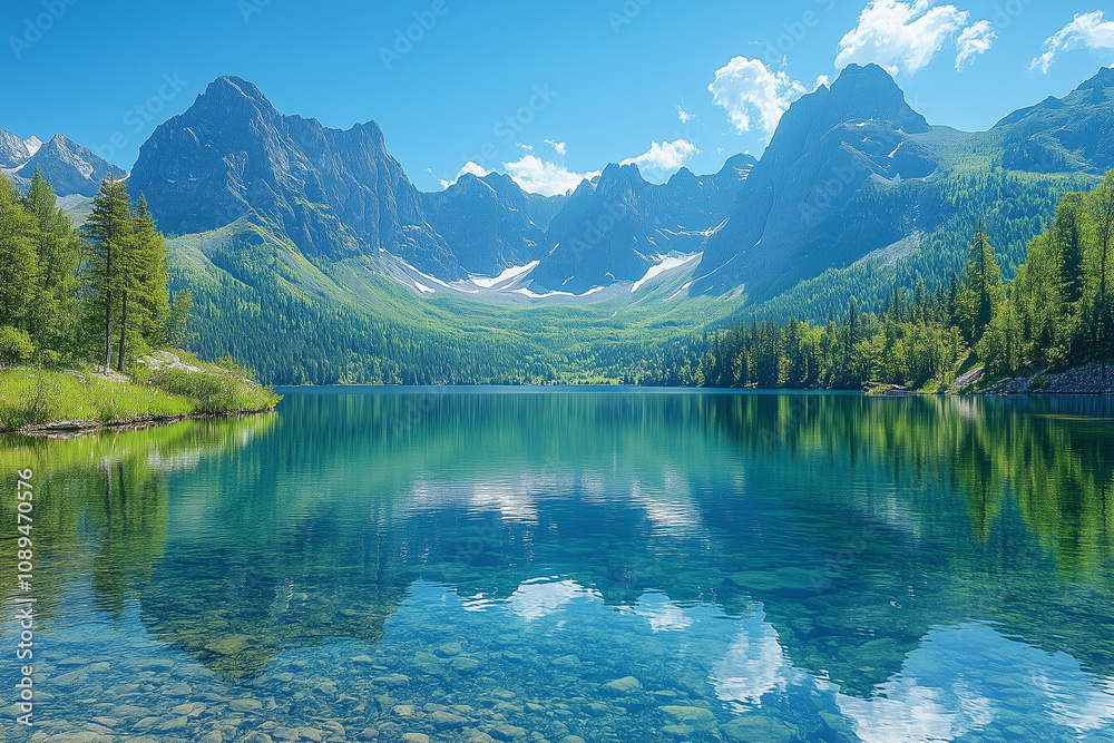 A serene mountain lake surrounded by pine trees and majestic snow-capped peaks A serene mountain lake surrounded by pine trees and majestic snow-capped peaks