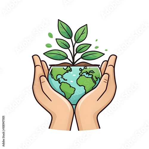 A centered icon of a hand holding a small plant on a transparent background. This minimalistic design symbolizes care for the environment, sustainability, and eco-friendly practices.