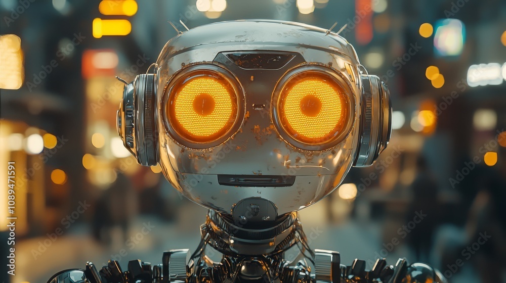 A futuristic robot with glowing orange eyes stands in an illuminated cityscape, showcasing advanced technology and a captivating design. A futuristic robot with glowing orange eyes stands in an illuminated cityscape, showcasing advanced technology and a captivating design.