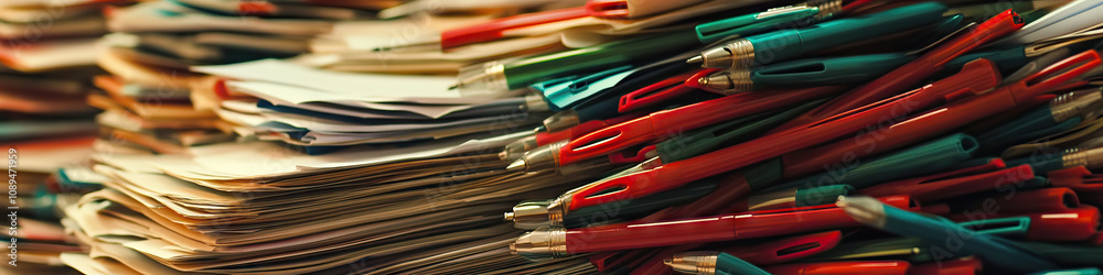 A tangled mess of red and green pens, surrounded by stacks of untidy papers. A tangled mess of red and green pens, surrounded by stacks of untidy papers.