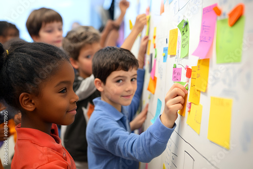 Children actively working together placing colorful sticky notes on a whiteboard in a classroom setting