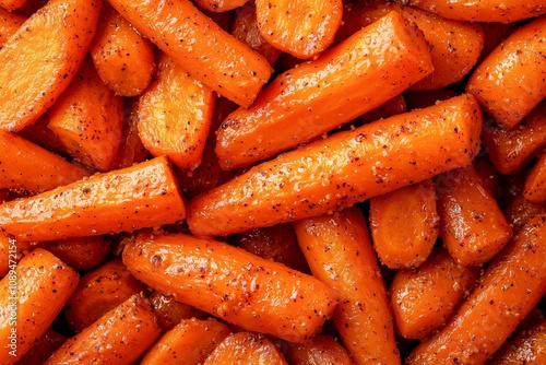 Detailed Close-Up of Cumin-Spiced Roasted Carrots, Emphasizing Aromatic Seasoning and Caramelized Edges. Great for Recipe Development, Gourmet Blogs, or Nutrition Content. photo