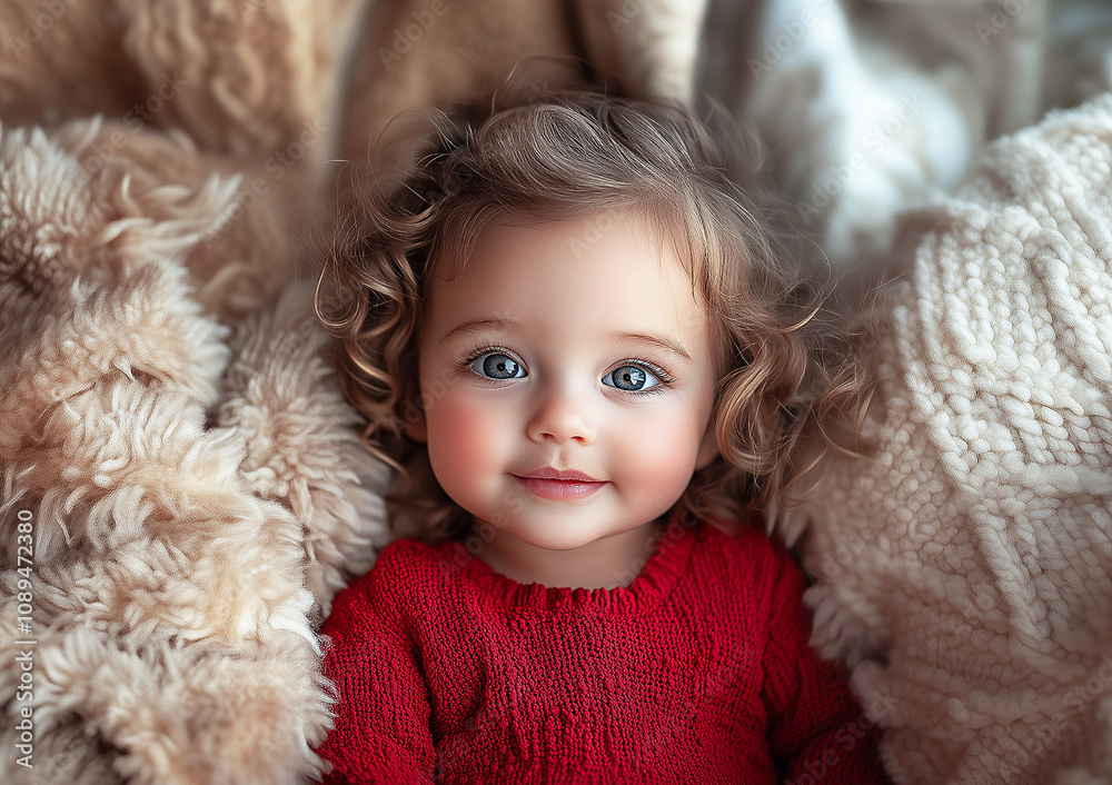 Portrait of a little blue-eyed girl in a warm red sweater. Cute curly 3-year-old girl sits against the background of a warm knitted blanket Portrait of a little blue-eyed girl in a warm red sweater. Cute curly 3-year-old girl sits against the background of a warm knitted blanket