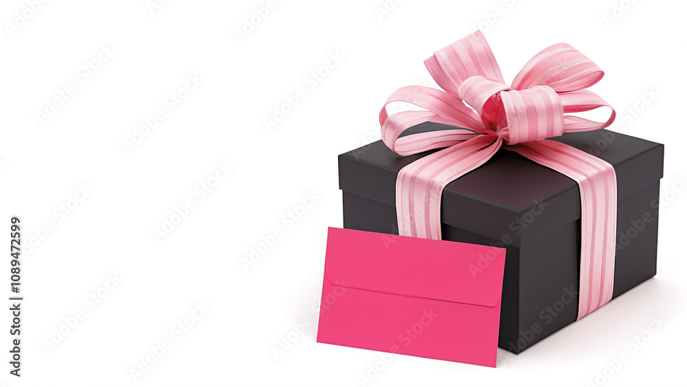 Obraz premium black gift box with a pink ribbon and card