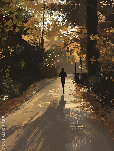 A person walking down a path surrounded by autumn foliage, sunlight filtering through the trees.