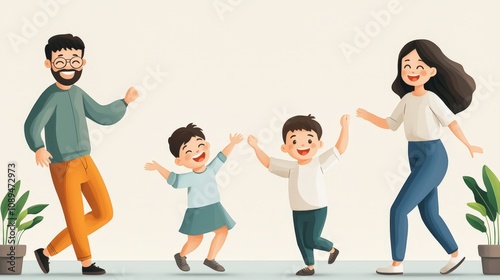 A joyful family dances together, showcasing happiness and connection, surrounded by plants in a light, cheerful environment.