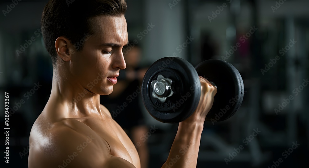 Muscular man is focused on lifting a dumbbell during an exercise class in a gym Muscular man is focused on lifting a dumbbell during an exercise class in a gym