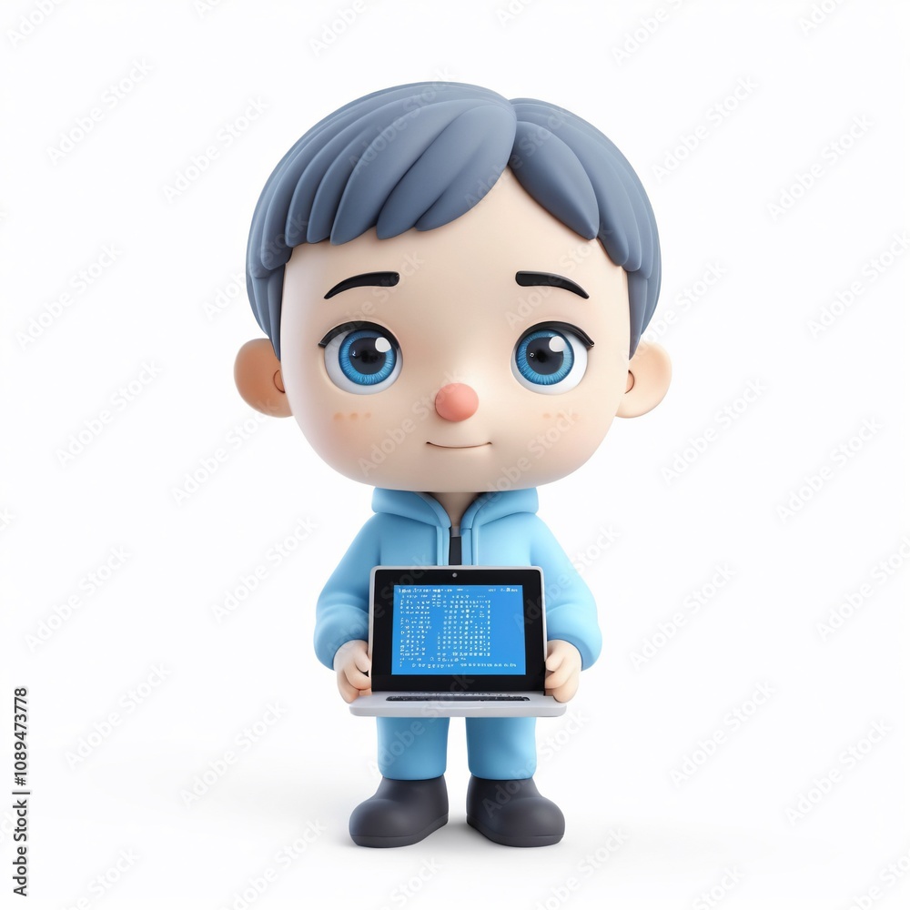 Cute Boy Holding Laptop 3D Render Child Programmer Technology Kid Digital Computer Code Software Cute Boy Holding Laptop 3D Render Child Programmer Technology Kid Digital Computer Code Software