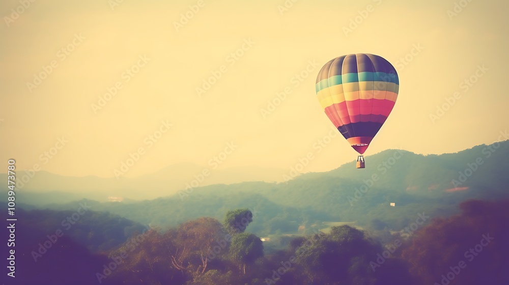 Fototapeta premium Colorful Hot Air Balloon Soaring Over Misty Mountains
