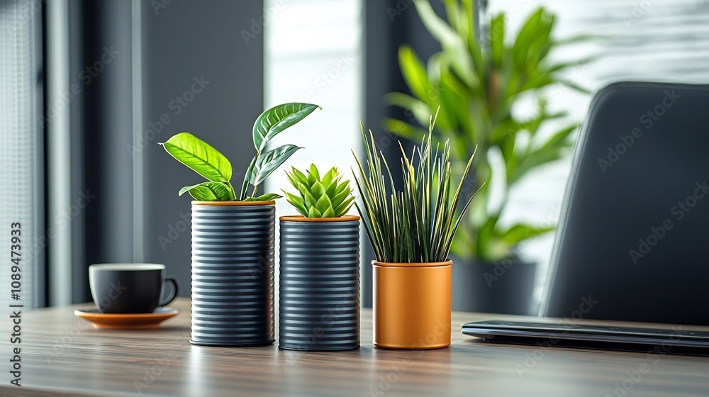 Sustainable and Stylish Recycled Metal Desk Organizers Arranged with Minimal Greenery Accents on a Modern and Clutter Free Office Workspace Table Sustainable and Stylish Recycled Metal Desk Organizers Arranged with Minimal Greenery Accents on a Modern and Clutter Free Office Workspace Table