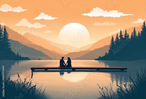 Couple sitting on dock, serene lake and sunset in background, mountains and trees surrounding.