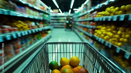 hopping Cart in Motion Through Colorful Supermarket Aisles photo