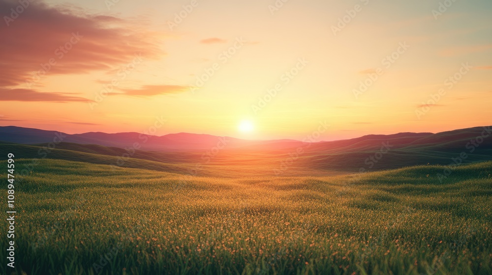 A serene sunset over a lush green grass field, with warm orange and pink hues painting the sky and soft shadows stretching across the land. A serene sunset over a lush green grass field, with warm orange and pink hues painting the sky and soft shadows stretching across the land.