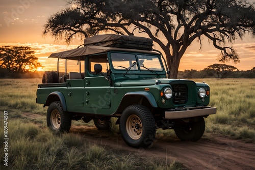 A classic 4x4 in dark green with a canvas top and spare tire on the back set in a savannah landscape, AI Generated