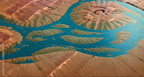 A blue river with a green swirl in the middle. The water is calm and the sky is clear photo