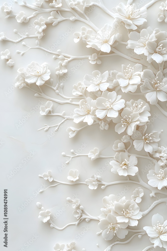 A mesmerizing 3D relief of cherry blossoms in full bloom, delicately sculpted with flowing branches. A mesmerizing 3D relief of cherry blossoms in full bloom, delicately sculpted with flowing branches.