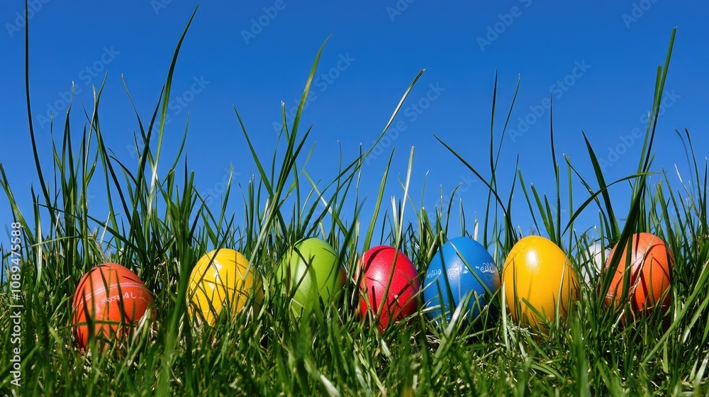 Fototapeta premium A whimsical arrangement of multicolored Easter eggs partially hidden in tall green grass, with the clear blue sky adding a sense of openness and joy.