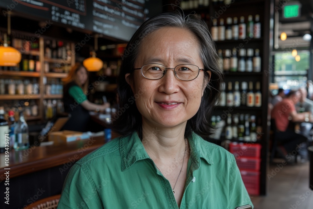 A smiling woman with glasses poses in a cozy bar setting, surrounded by shelves of bottles and a warm, inviting atmosphere. A smiling woman with glasses poses in a cozy bar setting, surrounded by shelves of bottles and a warm, inviting atmosphere.