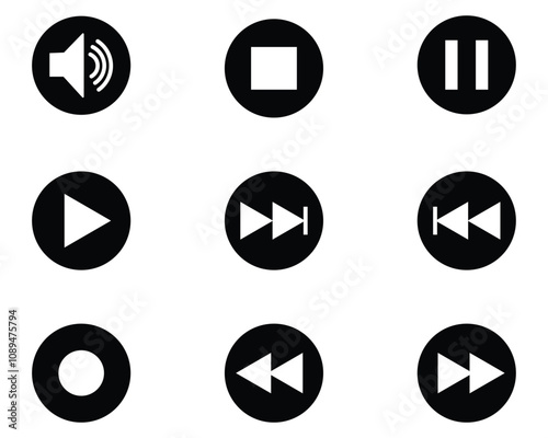Media player control icon set, interface multimedia symbols and audio, media player buttons, music speaker volume vector illustration on white background. play. pause.   player. stop. volume.